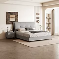 Modern Bedroom Interior With Gray Upholstered Bed Pillows Nightstand Artwork Wooden Floor And Light Rug