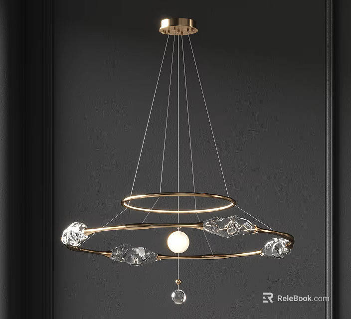 Elegant Modern Chandelier With Gold Circular Rings And Cloud Shaped Crystal Decorations 3d model 