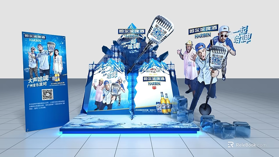 Harbin Beer Promotional Display Stand With Blue Ice Theme And Character Cutouts 3d model 