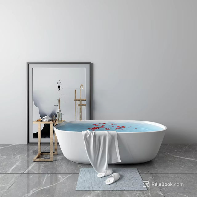 Soft White Towel Hanging Over Modern Bathtub With Blue Water Red Petals And Wooden Rack 3d model 