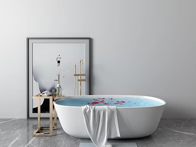 Soft White Towel Hanging Over Modern Bathtub With Blue Water Red Petals And Wooden Rack 3d model