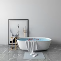Soft White Towel Hanging Over Modern Bathtub With Blue Water Red Petals And Wooden Rack
