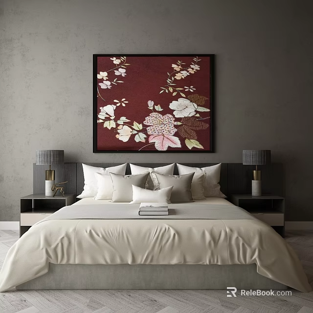 Double Bed with White Sheets Pillows Red Floral Painting Above Gray Lamps on Nightstands 3d model 