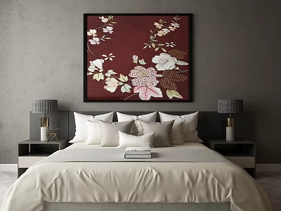 Double Bed with White Sheets Pillows Red Floral Painting Above Gray Lamps on Nightstands 3d model