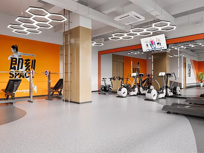 Modern Gym Interior With Various Fitness Equipment And Orange Wall 3d model