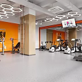 Modern Gym Interior With Various Fitness Equipment And Orange Wall
