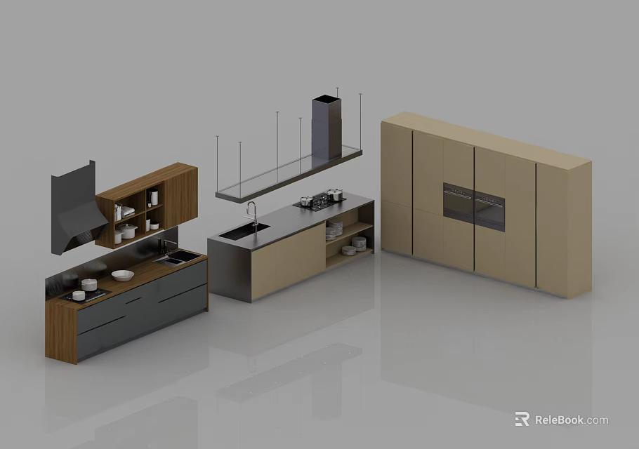 Modern Kitchen Cabinets With Wooden And Beige Design Drawers Doors And Integrated Sink 3d model 