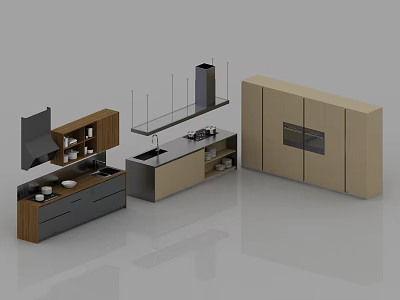 Modern Kitchen Cabinets With Wooden And Beige Design Drawers Doors And Integrated Sink 3d model