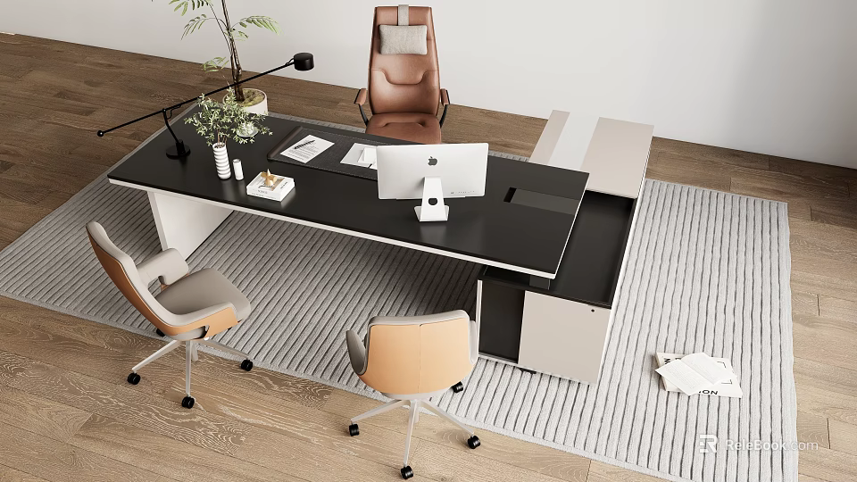 Modern Black Office Desk With White Computer Monitor Potted Plant Desk Lamp And Chairs 3d model 