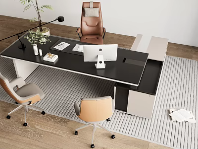 Modern Black Office Desk With White Computer Monitor Potted Plant Desk Lamp And Chairs 3d model