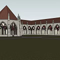 Gothic Architecture Garden Landscape With Pointed Roofs Arched Windows And Lawn Area