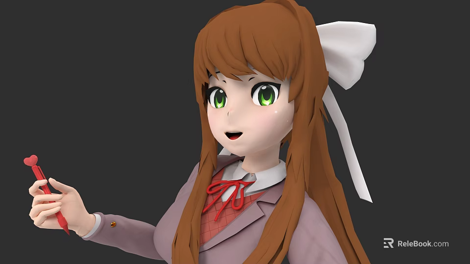 Game Character With Long Brown Hair Green Eyes White Bow Purple Coat Holding Red Object 3d model 