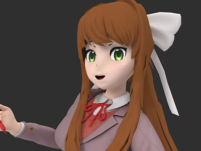 Game Character With Long Brown Hair Green Eyes White Bow Purple Coat Holding Red Object 3d model