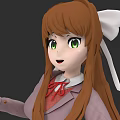 Game Character With Long Brown Hair Green Eyes White Bow Purple Coat Holding Red Object