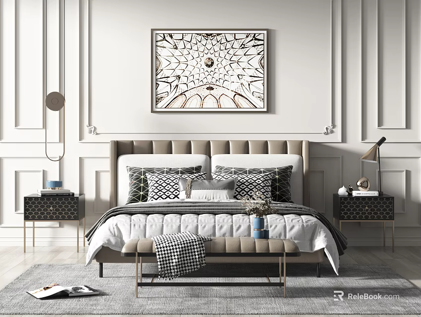 Modern Double Bed with Patterned Pillows Bedside Tables and Decorative Painting 3d model