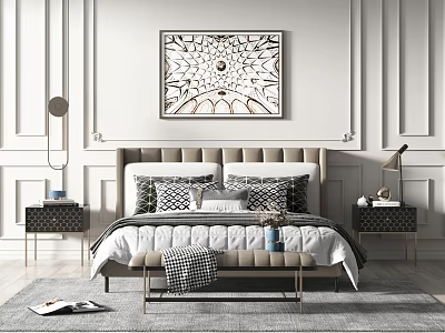 Modern Double Bed with Patterned Pillows Bedside Tables and Decorative Painting 3d model