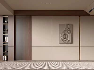 Modern Living Room Interior Design With Beige Walls Wooden Decor Geometric Line Artwork And Bookshelf 3d model