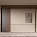 Modern Living Room Interior Design With Beige Walls Wooden Decor Geometric Line Artwork And Bookshelf