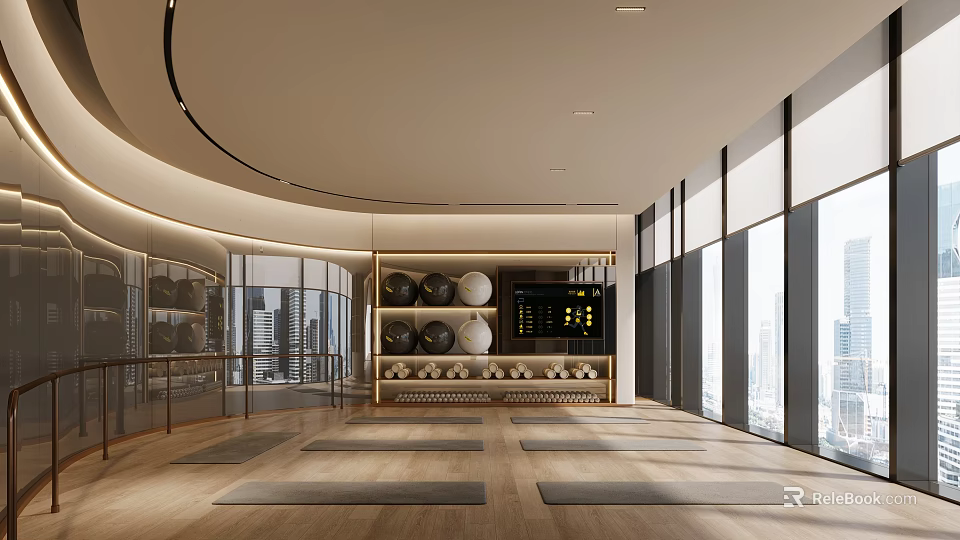 Modern Fitness Workout Space With Yoga Mats Fitness Balls Large Windows And City View Screen 3d model 