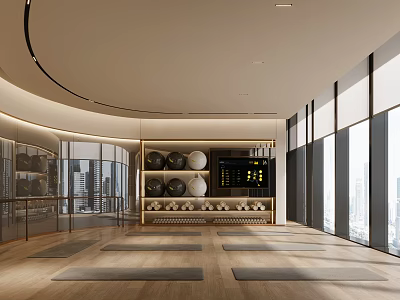 Modern Fitness Workout Space With Yoga Mats Fitness Balls Large Windows And City View Screen 3d model