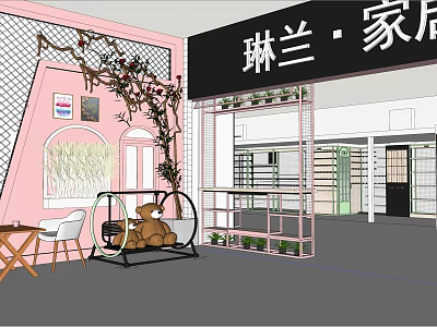 Linlan Home Furniture Store With Pink Exterior Teddy Bear And Green Plants 3d model