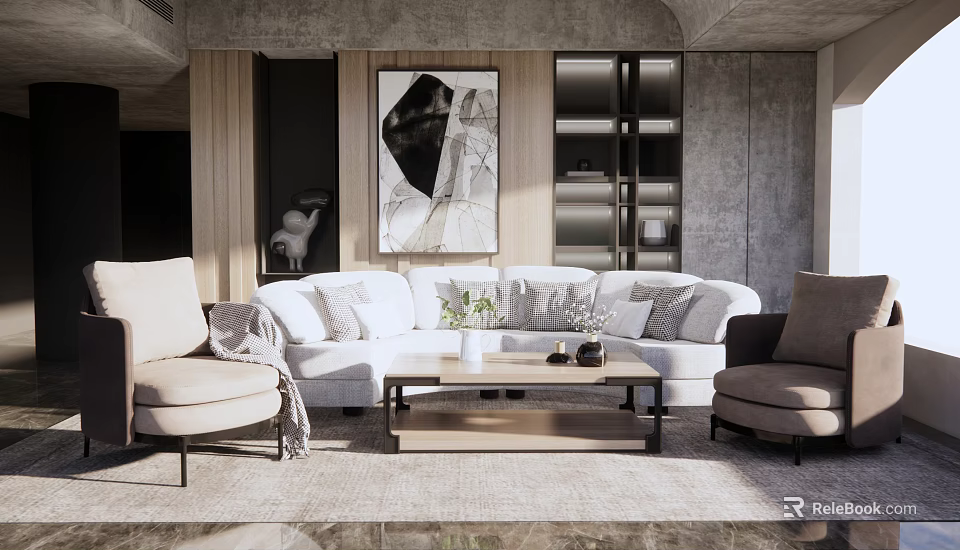 Modern Comfortable Sofa and Wooden Coffee Table Set With Cushions Armchair and Artwork 3d model 