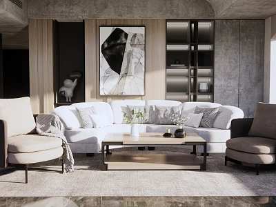 Modern Comfortable Sofa and Wooden Coffee Table Set With Cushions Armchair and Artwork 3d model