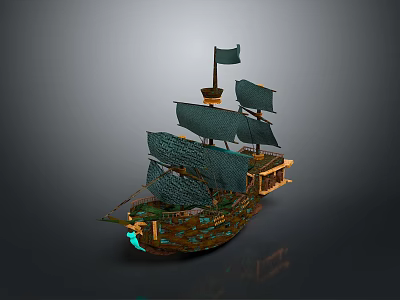Detailed Wooden Sailing Ship Model With Green Sails And Illuminated Blue Hull 3d model