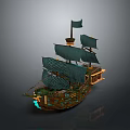 Detailed Wooden Sailing Ship Model With Green Sails And Illuminated Blue Hull