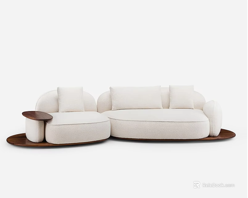 Ivory White Sectional Sofa With Circular Design Wooden Base And Small Side Table 3d model