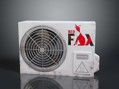 Red Fox Electronic Cooling Device With White Casing Circular Fan Grille And Warning Sign 3d model