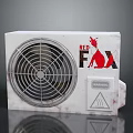 Red Fox Electronic Cooling Device With White Casing Circular Fan Grille And Warning Sign