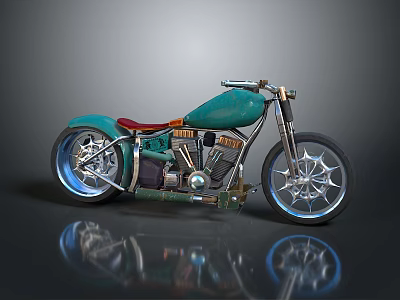 Vintage Teal Motorcycle With Red Seat Chrome Details And Stylish Wheels 3d model