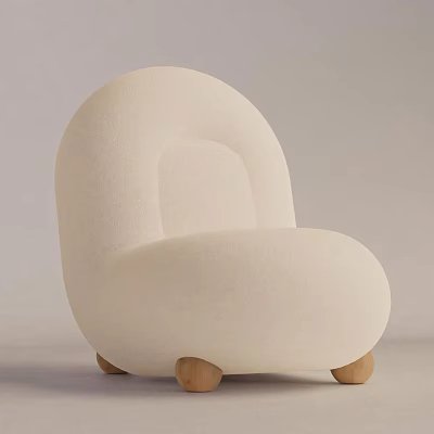 Ivory Single Chair With Rounded Shape Soft Fabric And Wooden Legs Design 3d model