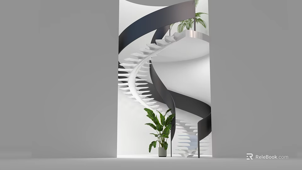 Modern Spiral Staircase Interior Design With Black White Railing And Green Plants 3d model 
