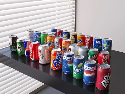 Colorful Assorted Canned Drinks Of Different Brands Arranged Neatly On Black Shelf With White Blinds 3d model