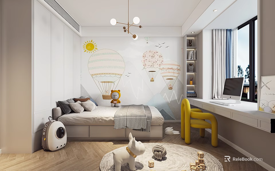 Modern Kids Bedroom With Hot Air Balloon Mural And Toys 3d model 