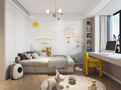Modern Kids Bedroom With Hot Air Balloon Mural And Toys 3d model