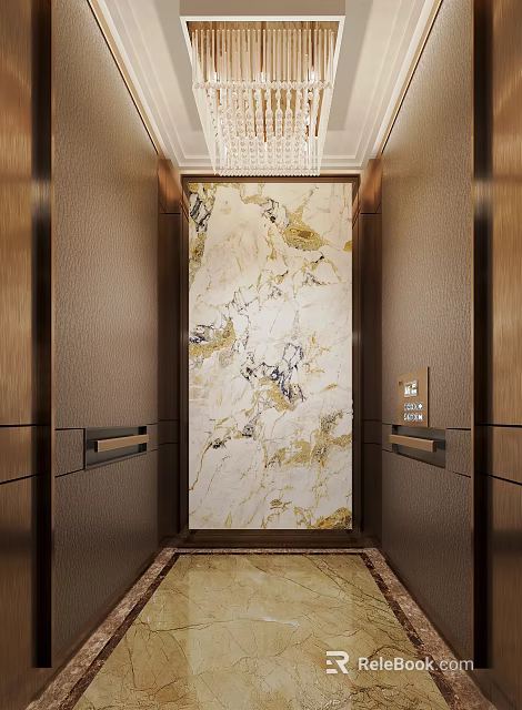 Luxurious Modern Elevator Interior Design With Marble Wall And Metal Accents 3d model