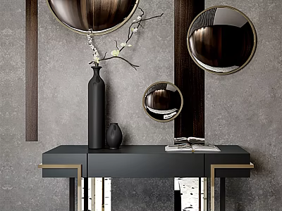 Modern Entryway Console Table And Side Cabinet With Circular Mirrors Vase Books And Metal Trim 3d model