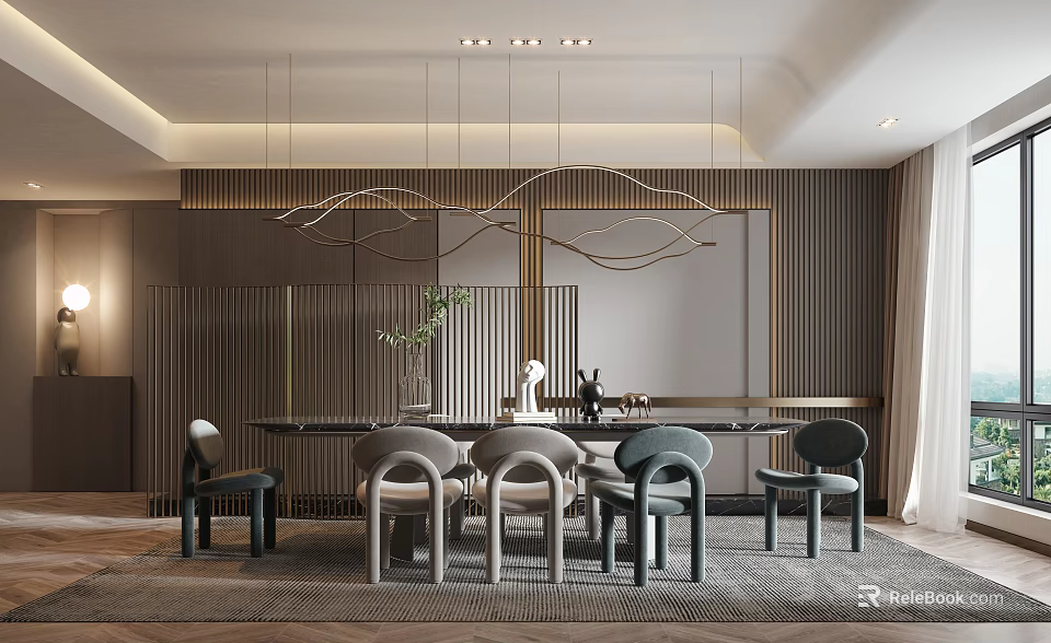 Elegant Modern Restaurant Interior With Stylish Chandelier Dining Table And Chairs Decor 3d model