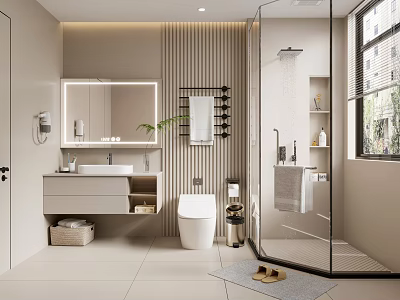 Modern Bathroom Interior Design With Glass Shower Enclosure Vanity Mirror And Natural Light 3d model