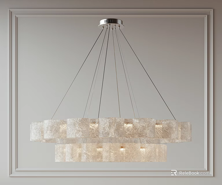 Modern Double Layer Chandelier With Multiple Cylindrical Textured Shades And Silver Frame On Decorative Wall 3d model 