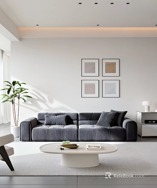 Modern Living Room Interior With Grey Sofa Round Coffee Table And Four Framed Artworks 3d model 