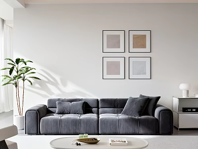 Modern Living Room Interior With Grey Sofa Round Coffee Table And Four Framed Artworks 3d model