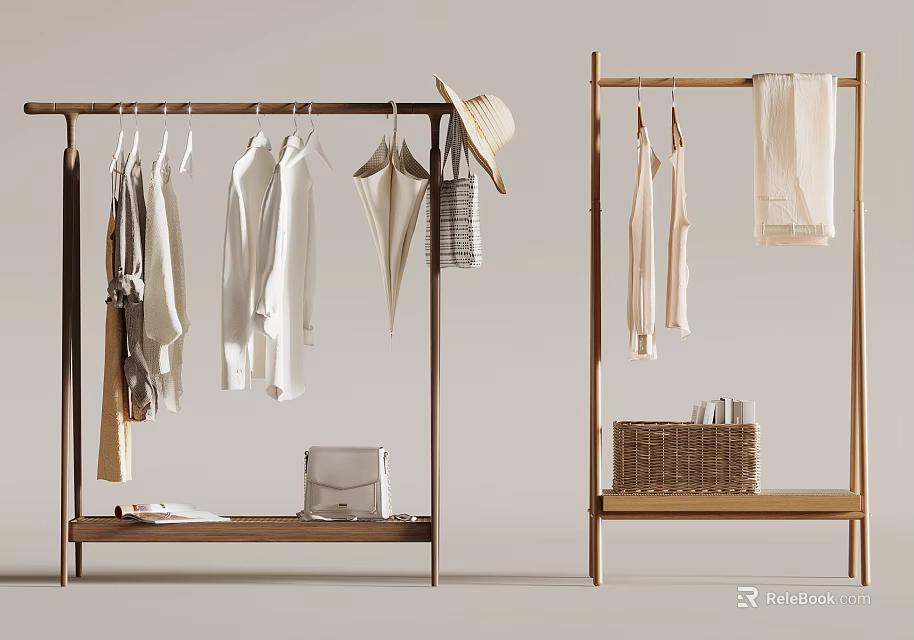 Minimalist Modern Wooden Clothing Racks With Clothes And Accessories 3d model 