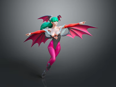 Anime Style Game Character With Green Hair Pink Outfit And Bat Wings 3d model