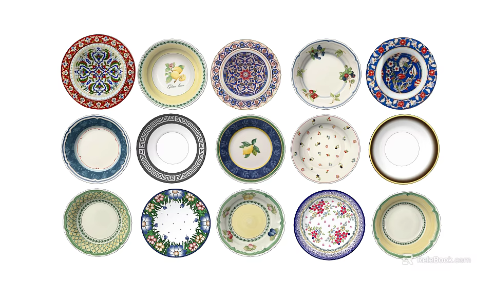 Colorful Decorative Plates Featuring Diverse Floral Fruit and Geometric Patterns for Home Decor 3d model 