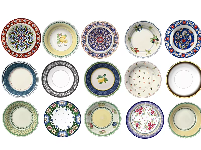 Colorful Decorative Plates Featuring Diverse Floral Fruit and Geometric Patterns for Home Decor 3d model