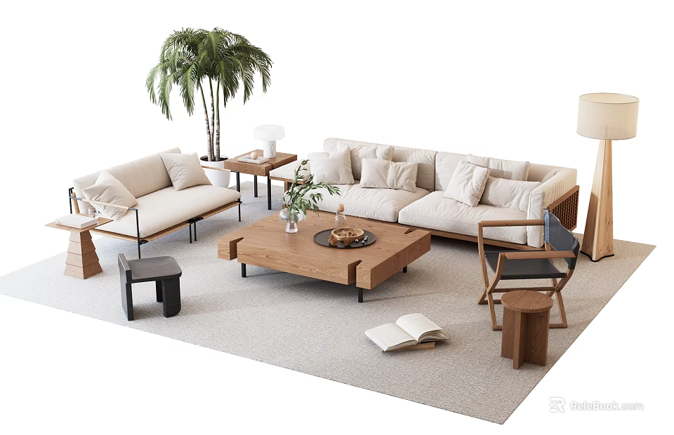 Modern Living Room Sofa Coffee Table Set With Potted Plant Floor Lamp And Cushions 3d model 